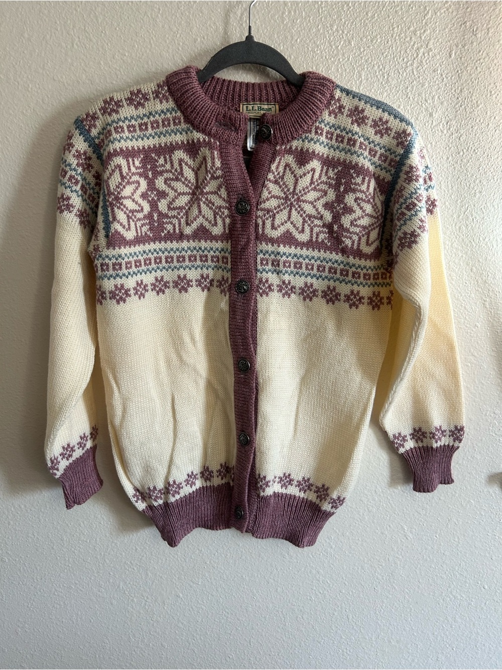 Vintage LL Bean Fair Isle 100% Wool Sweater Cardigan Womens Size M